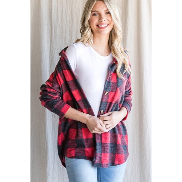 SOLD OUT Red Checker Plaid Buffalo Print Button Down Long Sleeve Casual Top - Picture 4 of 5